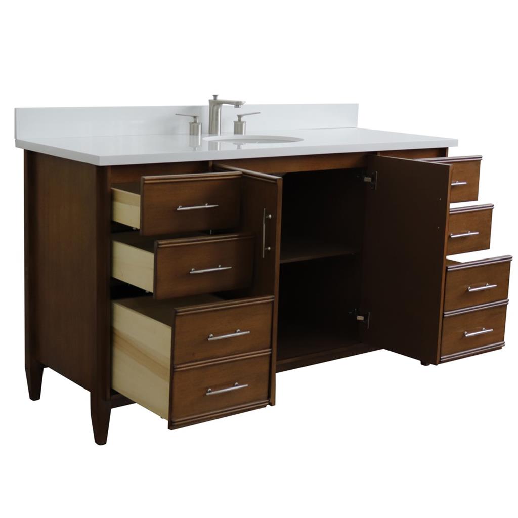 Bellaterra MCM 61" Single Vanity, Walnut, White Quartz Top/Oval Sink