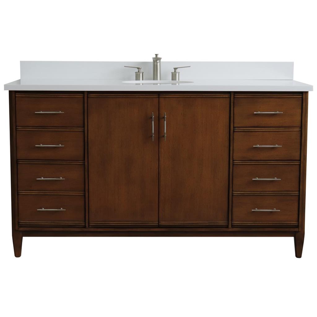 Bellaterra MCM 61" Single Vanity, Walnut, White Quartz Top/Oval Sink