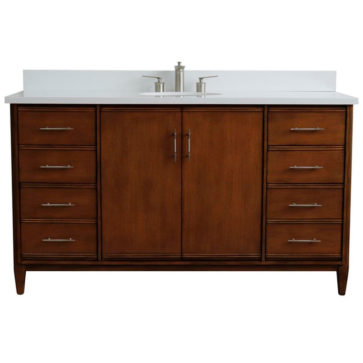 Bellaterra MCM 61" Single Vanity, Walnut, White Quartz Top/Oval Sink