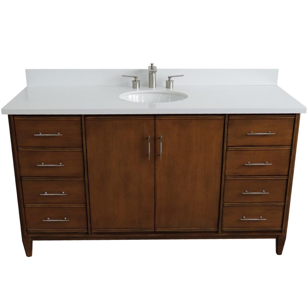 Bellaterra MCM 61" Single Vanity, Walnut, White Quartz Top/Oval Sink