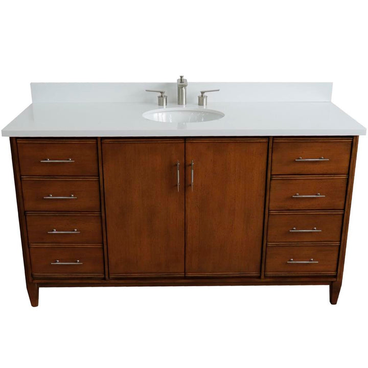 Bellaterra MCM 61" Single Vanity, Walnut, White Quartz Top/Oval Sink