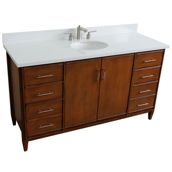 Bellaterra MCM 61" Single Vanity, Walnut, White Quartz Top/Oval Sink