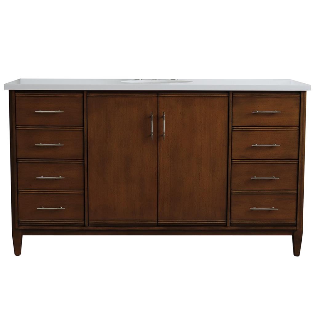 Bellaterra MCM 61" Single Vanity, Walnut, White Quartz Top/Oval Sink