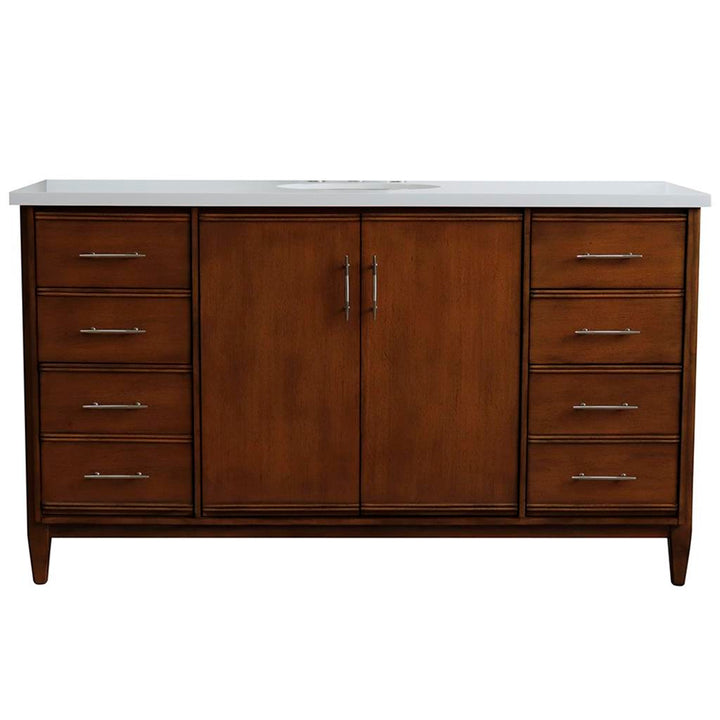 Bellaterra MCM 61" Single Vanity, Walnut, White Quartz Top/Oval Sink