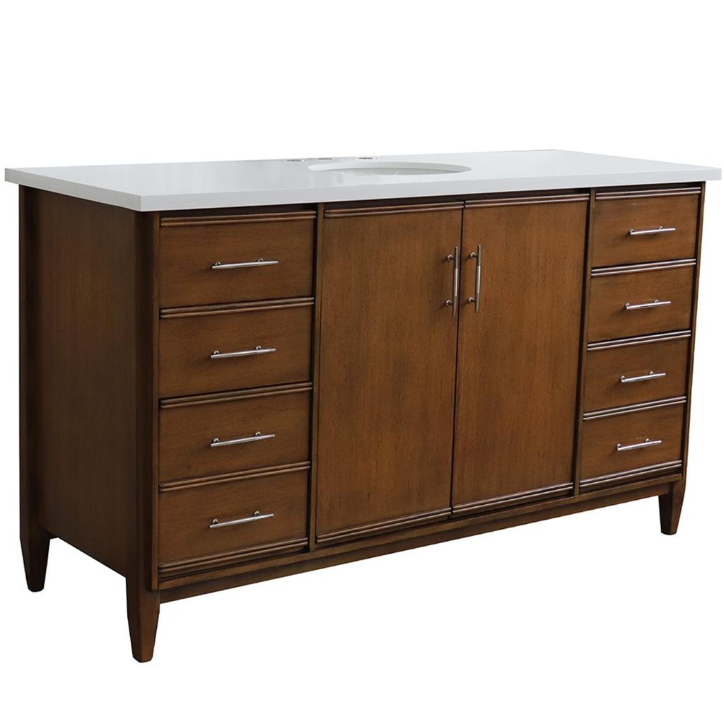 Bellaterra MCM 61" Single Vanity, Walnut, White Quartz Top/Oval Sink