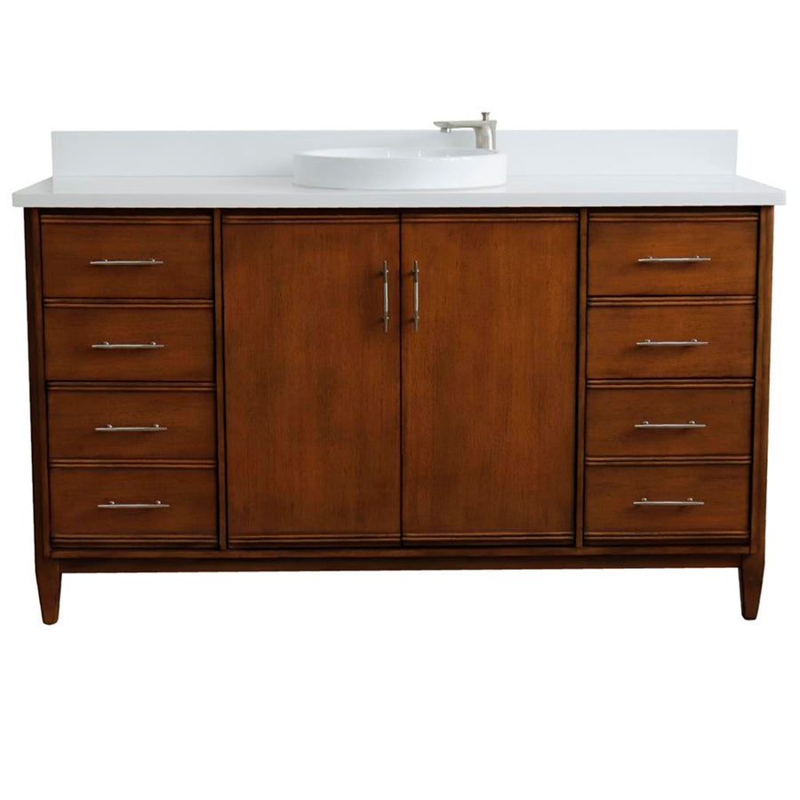 Bellaterra MCM 61" Single Vanity, Walnut, White Quartz Top/Round Sink