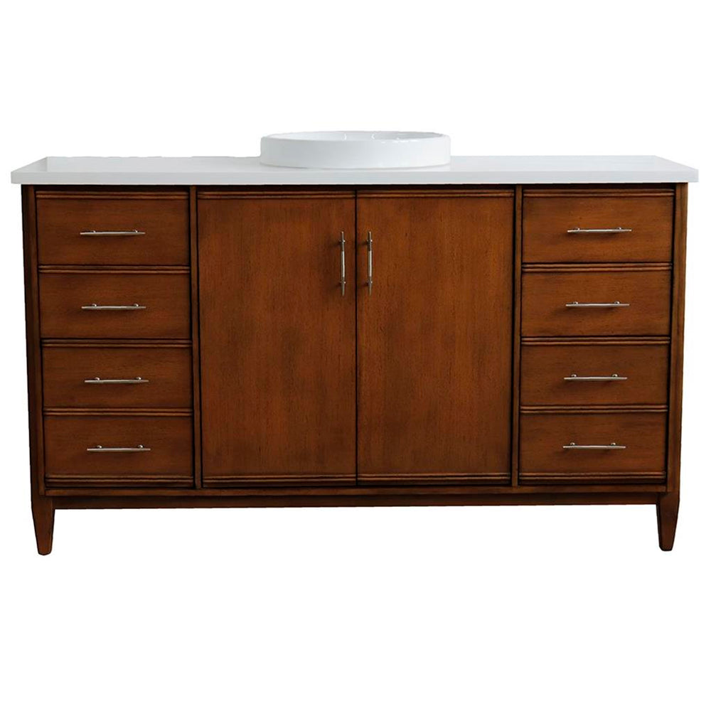 Bellaterra MCM 61" Single Vanity, Walnut, White Quartz Top/Round Sink