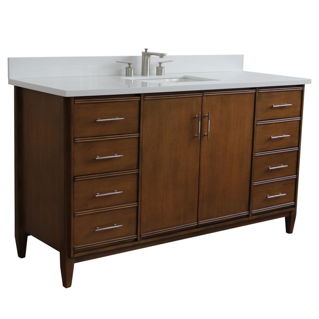 Bellaterra MCM 61" Single Vanity, Walnut, White Quartz Top/Rectangle Sink