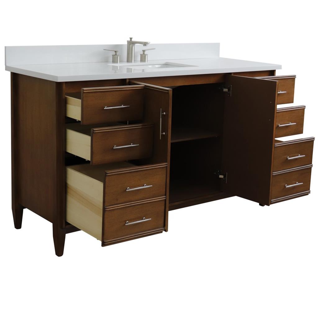 Bellaterra MCM 61" Single Vanity, Walnut, White Quartz Top/Rectangle Sink