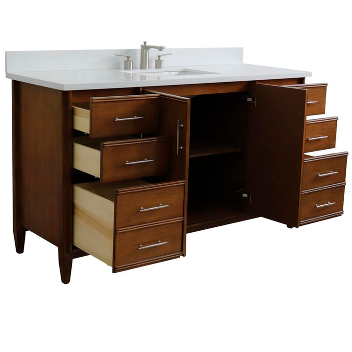 Bellaterra MCM 61" Single Vanity, Walnut, White Quartz Top/Rectangle Sink