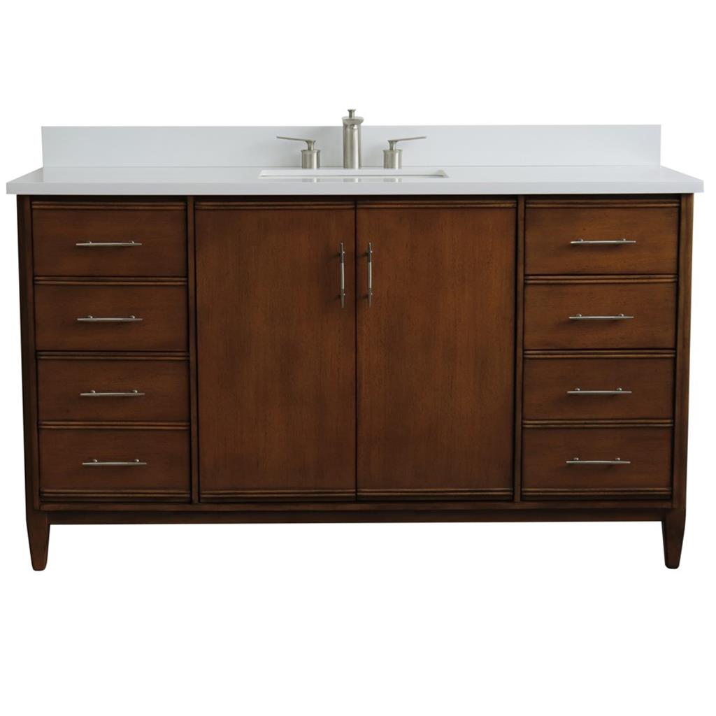 Bellaterra MCM 61" Single Vanity, Walnut, White Quartz Top/Rectangle Sink