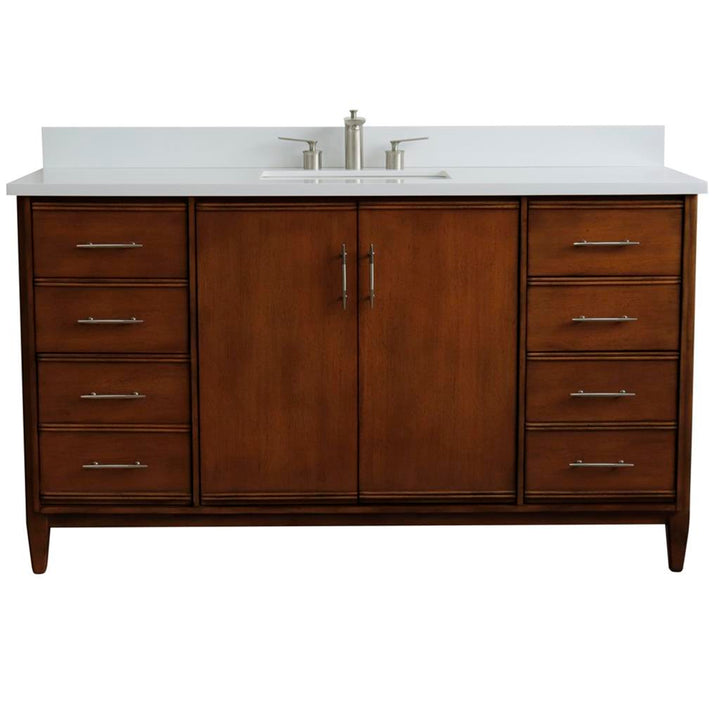 Bellaterra MCM 61" Single Vanity, Walnut, White Quartz Top/Rectangle Sink