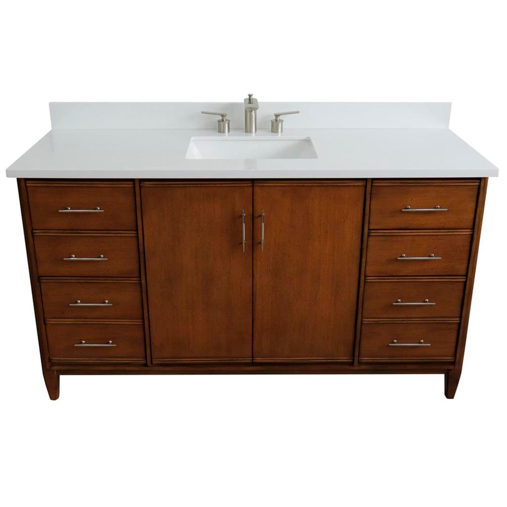 Bellaterra MCM 61" Single Vanity, Walnut, White Quartz Top/Rectangle Sink