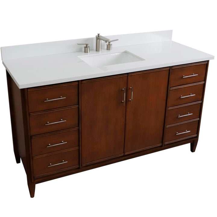 Bellaterra MCM 61" Single Vanity, Walnut, White Quartz Top/Rectangle Sink