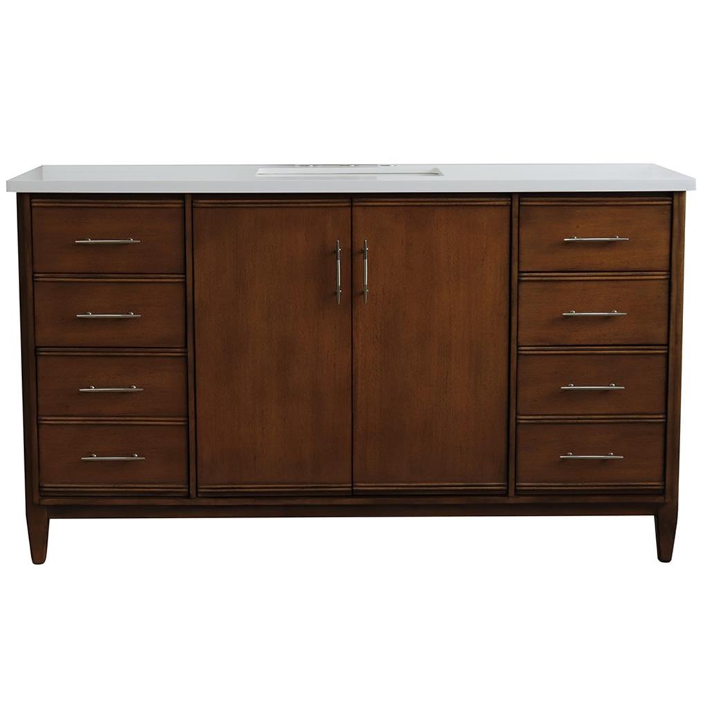 Bellaterra MCM 61" Single Vanity, Walnut, White Quartz Top/Rectangle Sink