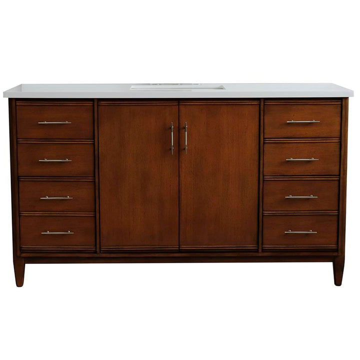 Bellaterra MCM 61" Single Vanity, Walnut, White Quartz Top/Rectangle Sink