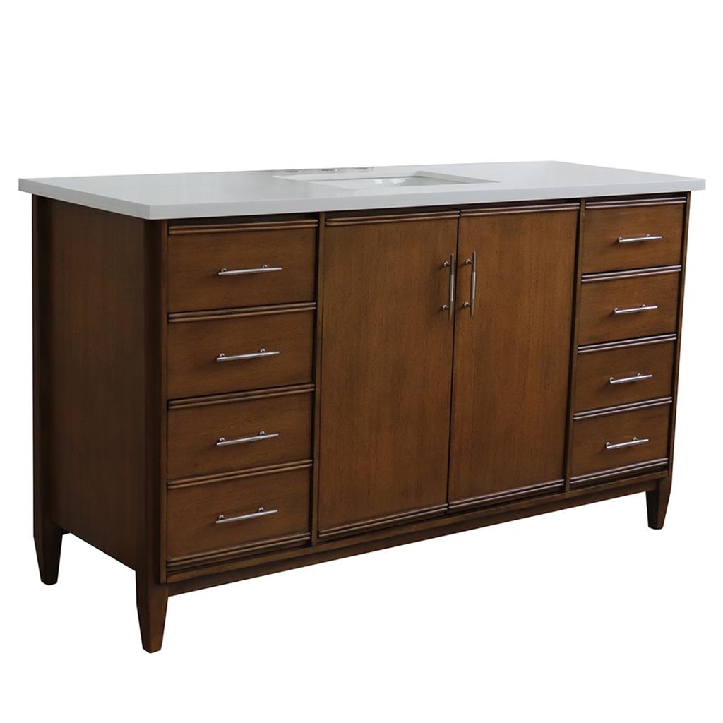 Bellaterra MCM 61" Single Vanity, Walnut, White Quartz Top/Rectangle Sink