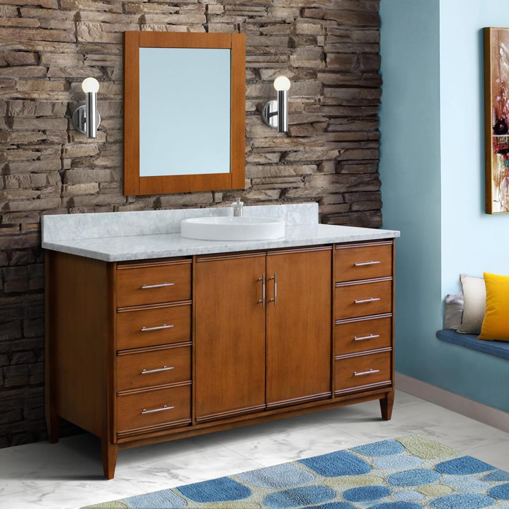 Bellaterra MCM 61" Single Vanity, Walnut, White Carrara Marble Top/Round Sink