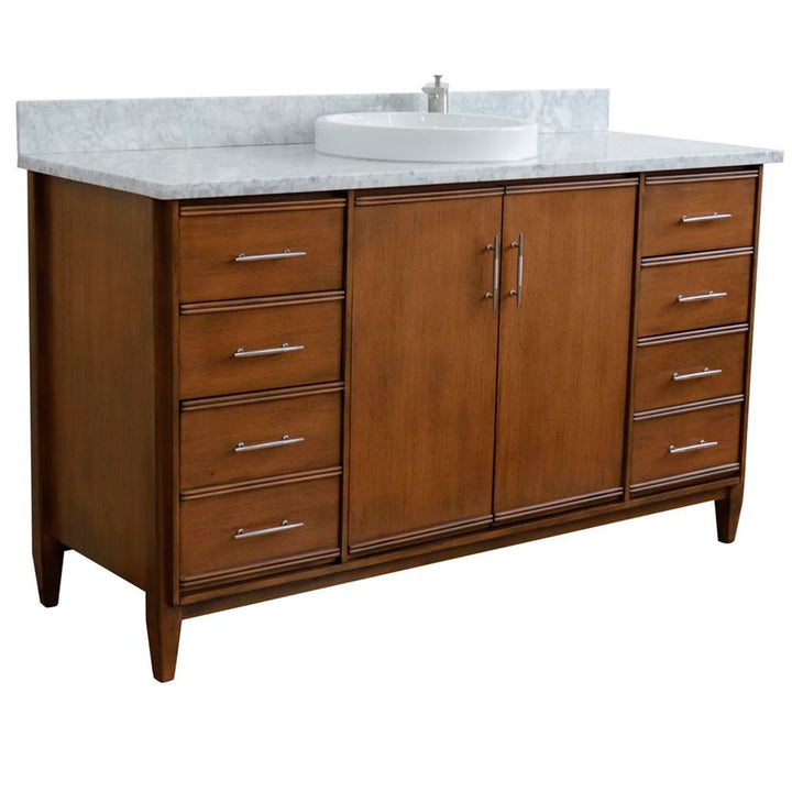 Bellaterra MCM 61" Single Vanity, Walnut, White Carrara Marble Top/Round Sink