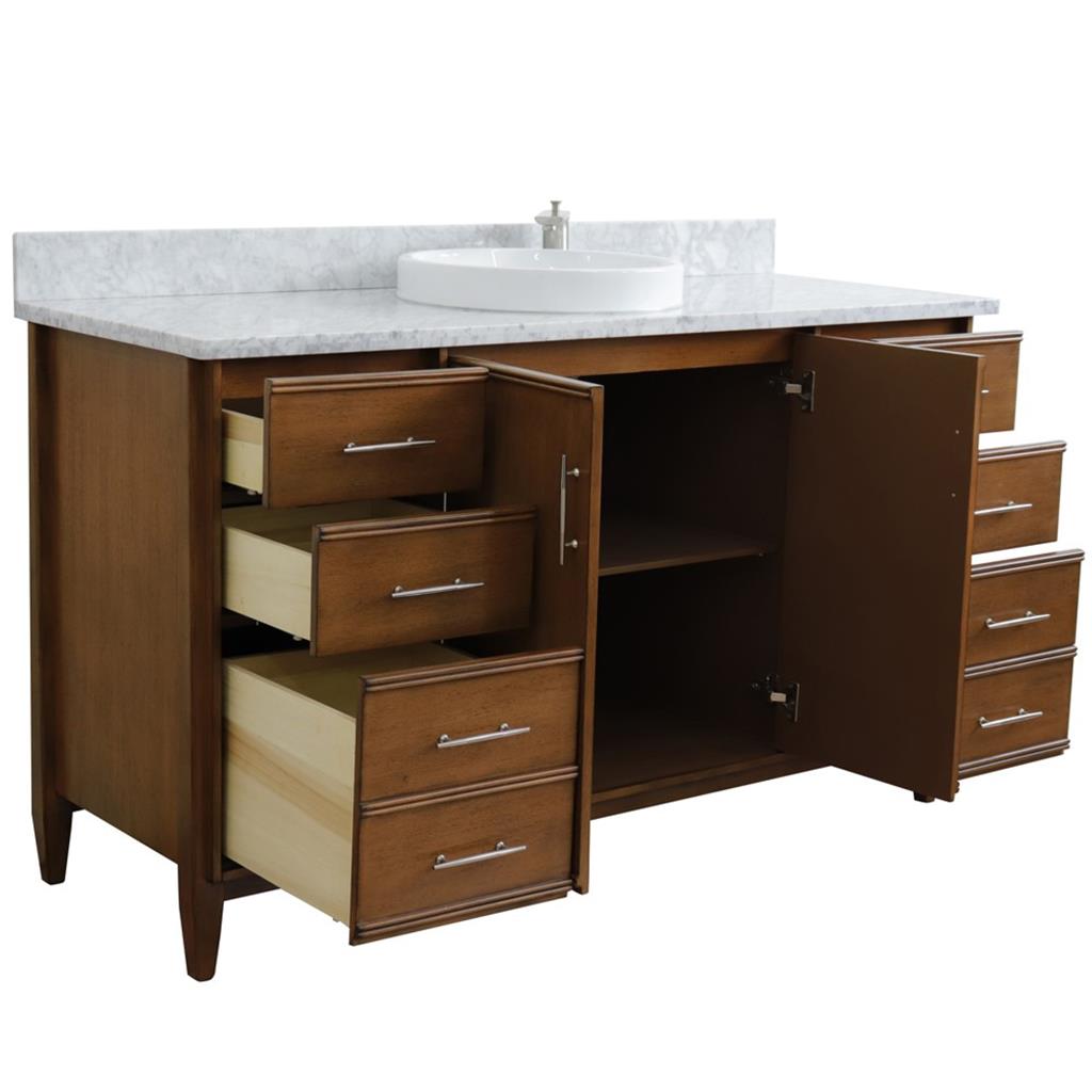 Bellaterra MCM 61" Single Vanity, Walnut, White Carrara Marble Top/Round Sink