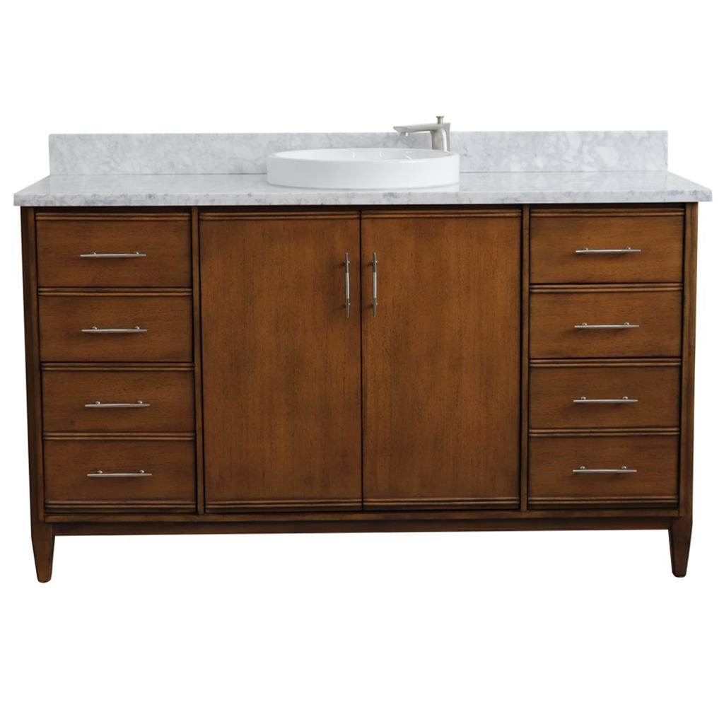 Bellaterra MCM 61" Single Vanity, Walnut, White Carrara Marble Top/Round Sink