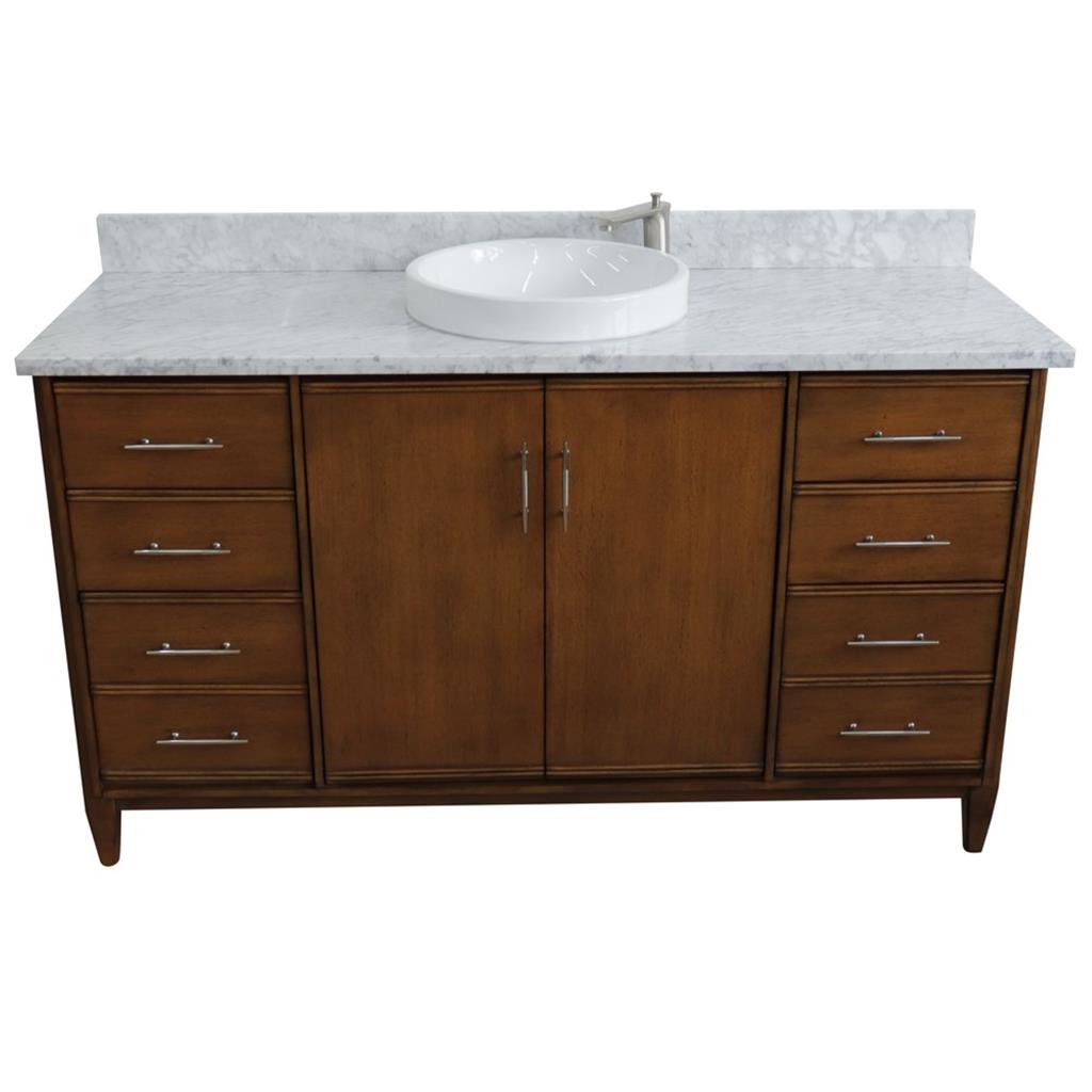 Bellaterra MCM 61" Single Vanity, Walnut, White Carrara Marble Top/Round Sink