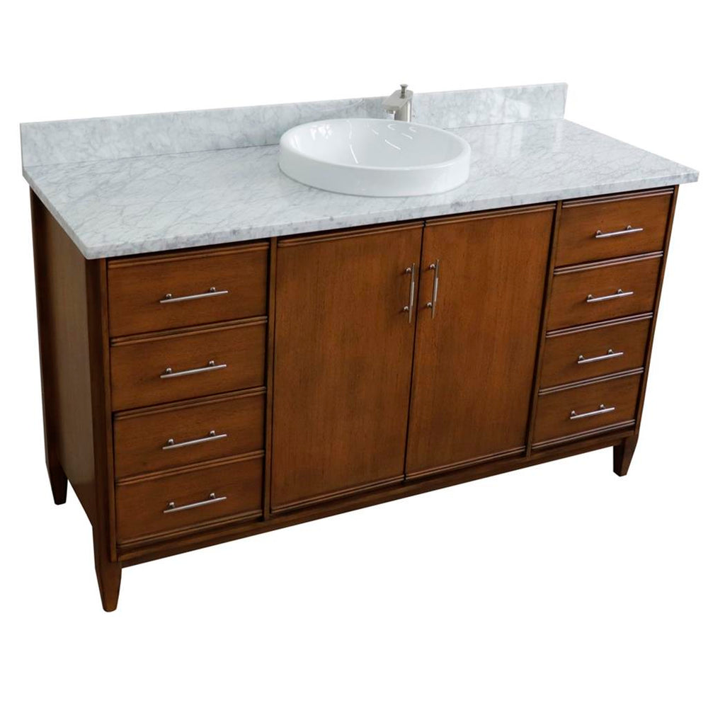 Bellaterra MCM 61" Single Vanity, Walnut, White Carrara Marble Top/Round Sink