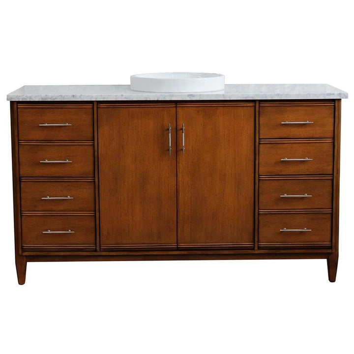 Bellaterra MCM 61" Single Vanity, Walnut, White Carrara Marble Top/Round Sink