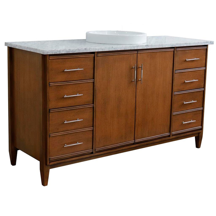 Bellaterra MCM 61" Single Vanity, Walnut, White Carrara Marble Top/Round Sink