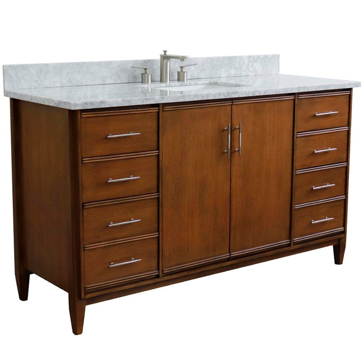 Bellaterra MCM 61" Single Vanity, Walnut, White Carrara Marble Top/Rectangle Sink