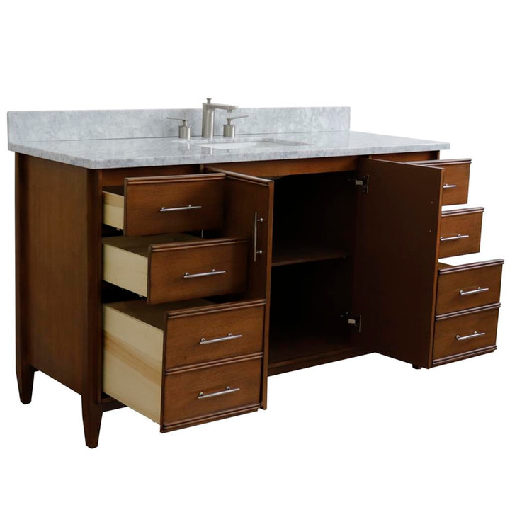 Bellaterra MCM 61" Single Vanity, Walnut, White Carrara Marble Top/Rectangle Sink