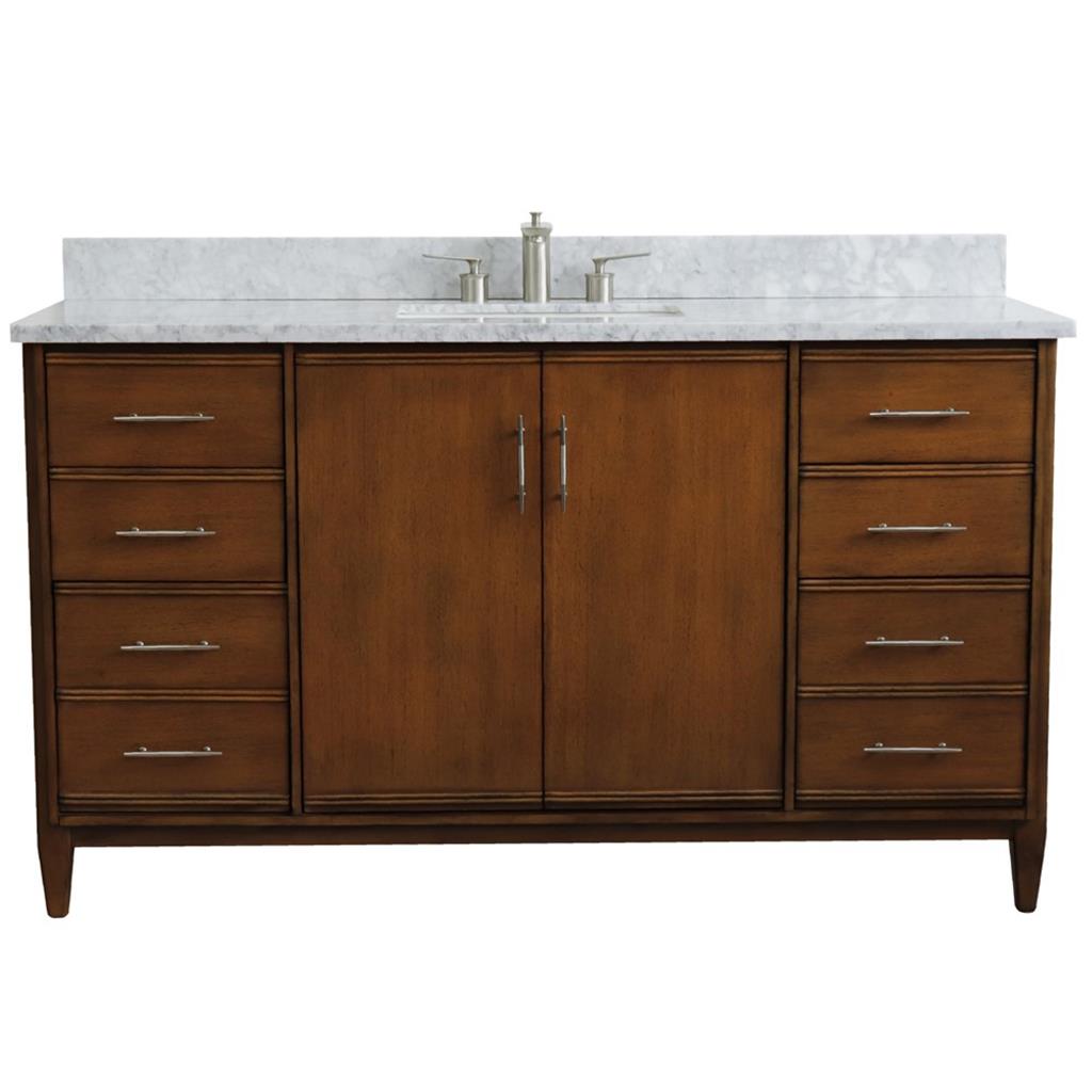 Bellaterra MCM 61" Single Vanity, Walnut, White Carrara Marble Top/Rectangle Sink