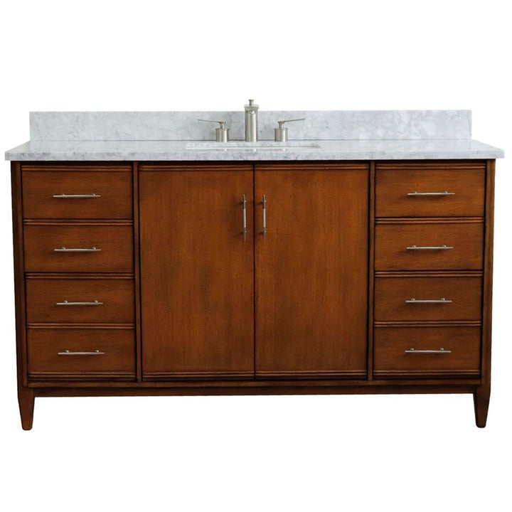 Bellaterra MCM 61" Single Vanity, Walnut, White Carrara Marble Top/Rectangle Sink