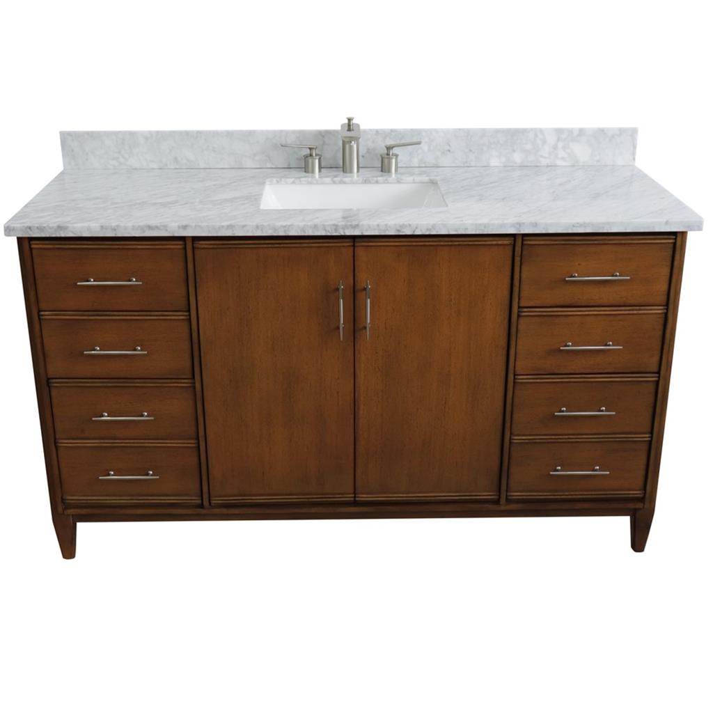 Bellaterra MCM 61" Single Vanity, Walnut, White Carrara Marble Top/Rectangle Sink