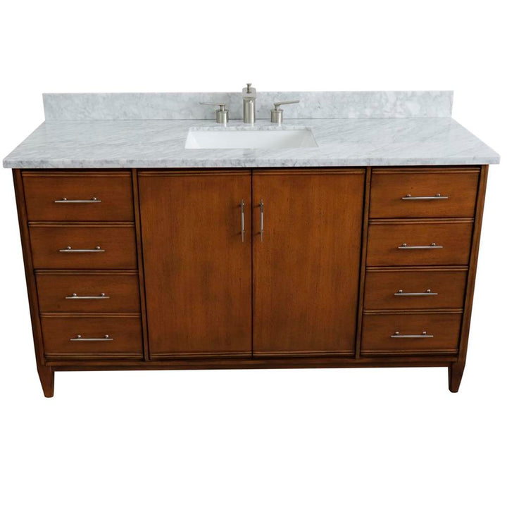 Bellaterra MCM 61" Single Vanity, Walnut, White Carrara Marble Top/Rectangle Sink