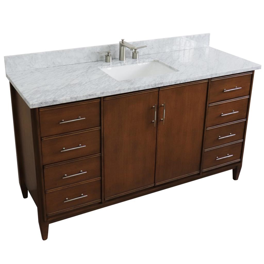 Bellaterra MCM 61" Single Vanity, Walnut, White Carrara Marble Top/Rectangle Sink