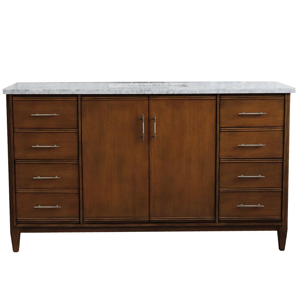 Bellaterra MCM 61" Single Vanity, Walnut, White Carrara Marble Top/Rectangle Sink