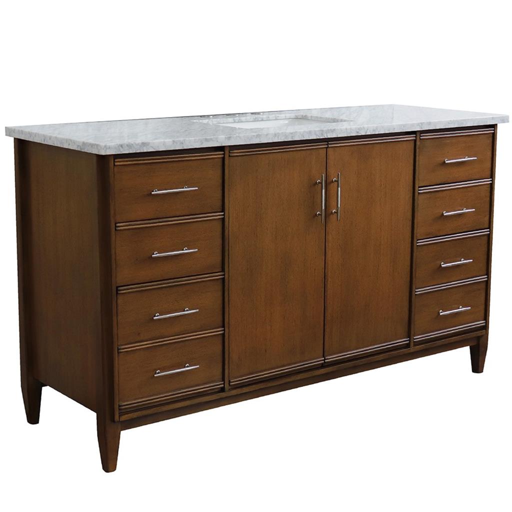 Bellaterra MCM 61" Single Vanity, Walnut, White Carrara Marble Top/Rectangle Sink