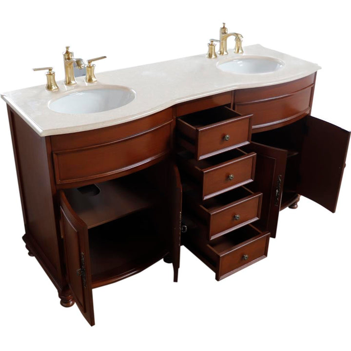 Bellaterra Evelina 62" Double Vanity Walnut, Cream Marble Top