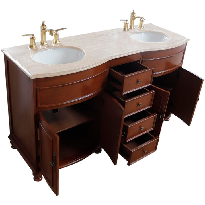 Bellaterra Evelina 62" Double Vanity Walnut, Travertine Top