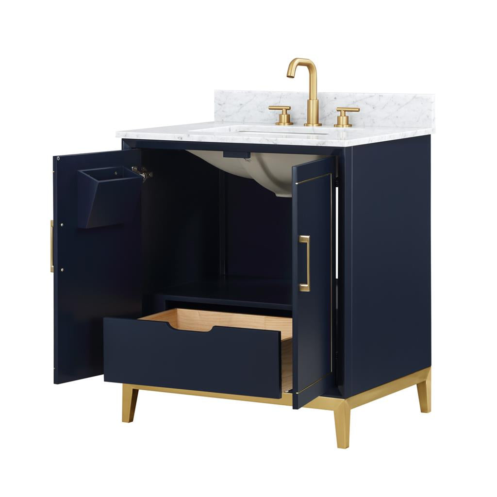 Bemma, Gracie 30" Single Vanity, Pacific Blue/Satin Brass, Carrara Marble Top#top-options_carrara-marble-top