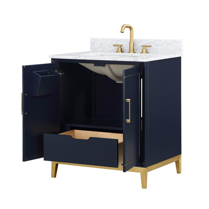 Bemma, Gracie 30" Single Vanity, Pacific Blue/Satin Brass, Carrara Marble Top#top-options_carrara-marble-top