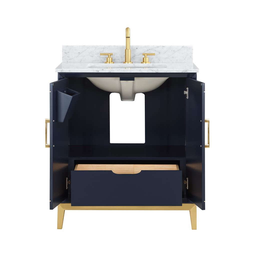Bemma, Gracie 30" Single Vanity, Pacific Blue/Satin Brass, Carrara Marble Top#top-options_carrara-marble-top