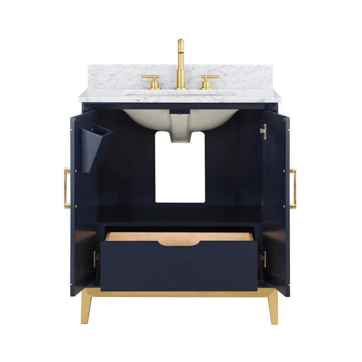Bemma, Gracie 30" Single Vanity, Pacific Blue/Satin Brass, Carrara Marble Top#top-options_carrara-marble-top