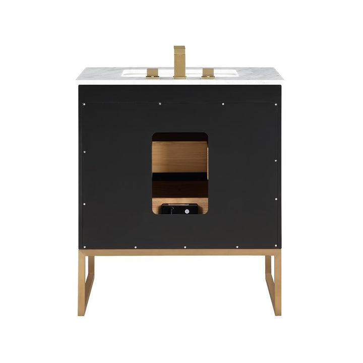 Bemma, Markham 30" Single Vanity, Midnight Black/Satin Brass,Carrara Marble Top#top-options_carrara-marble-top