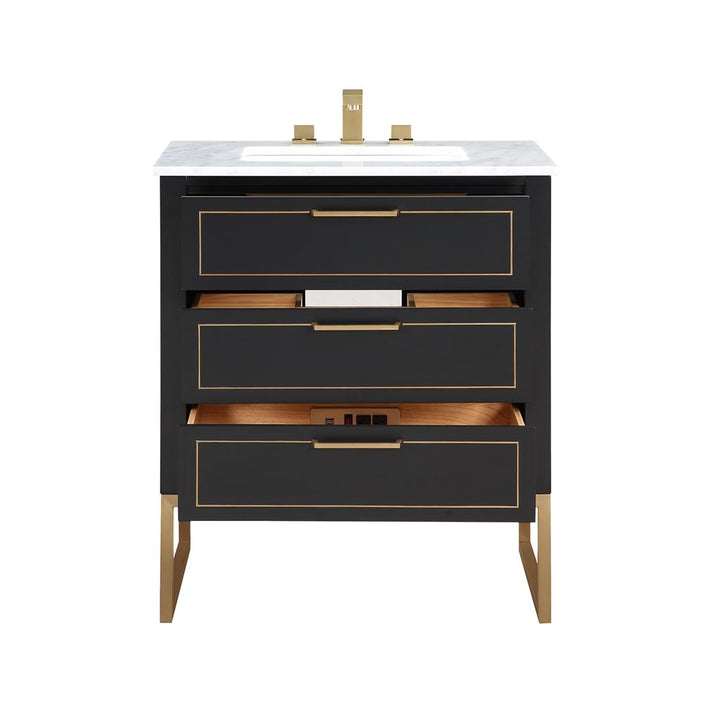 Bemma, Markham 30" Single Vanity, Midnight Black/Satin Brass,Carrara Marble Top#top-options_carrara-marble-top