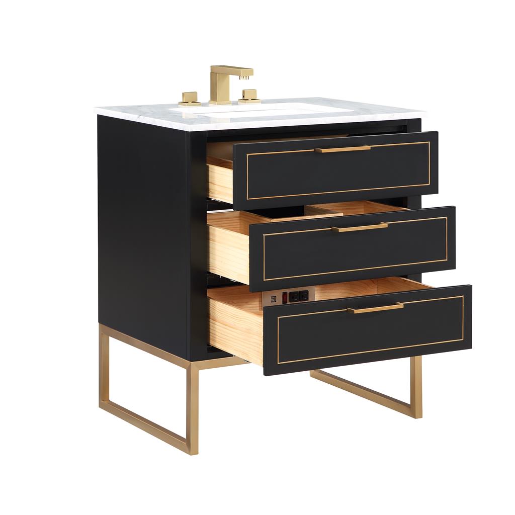 Bemma, Markham 30" Single Vanity, Midnight Black/Satin Brass,Carrara Marble Top#top-options_carrara-marble-top