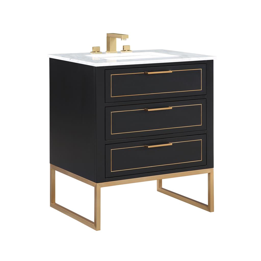 Bemma, Markham 30" Single Vanity, Midnight Black/Satin Brass,Carrara Marble Top#top-options_carrara-marble-top