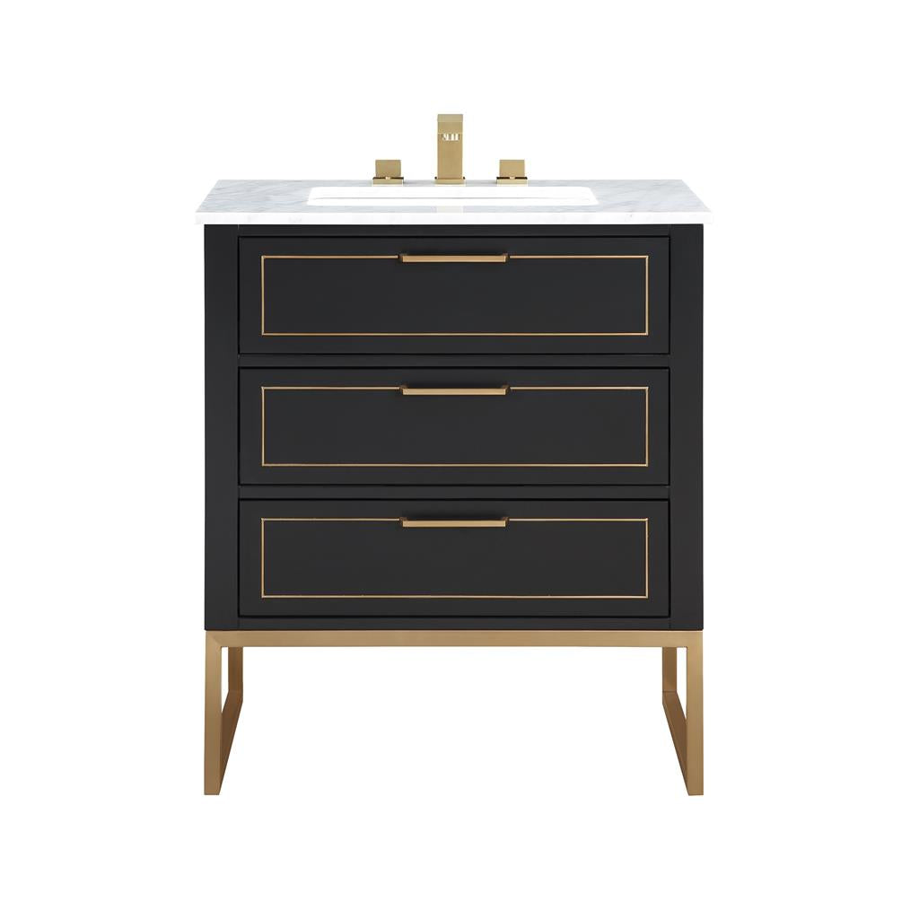 Bemma, Markham 30" Single Vanity, Midnight Black/Satin Brass,Carrara Marble Top#top-options_carrara-marble-top