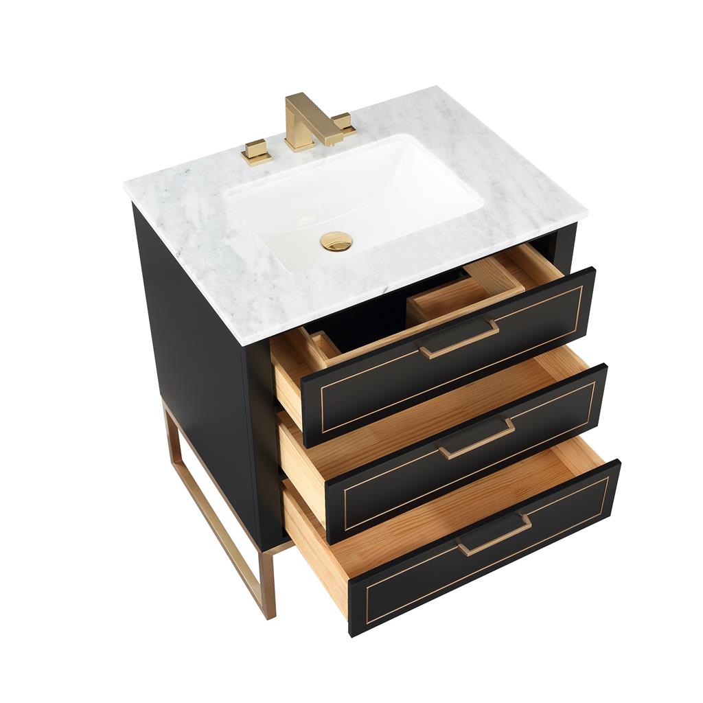 Bemma, Markham 30" Single Vanity, Midnight Black/Satin Brass,Carrara Marble Top#top-options_carrara-marble-top